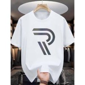 [Cotton | Soft] Soft, Breathable 100% Cotton Men’s Gradient Letter Print T-Shirt | Casual Crew Neck Short Sleeve Tee
