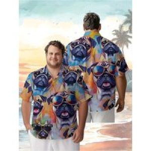 Men’s Plus Size Hawaiian Shirts Pug Squad Pattern, Summer Casual Tops, Suitable for Outdoor and Party, Streetwear