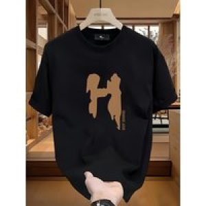 Men’s Casual Black Cotton T-Shirt with “HUSTLE” Print – Short Sleeve, Round Neck, Machine Washable, Loose Fit