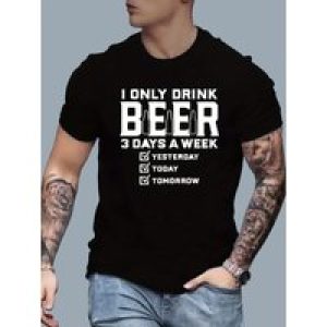 Men’s Casual Beer Graphic T-Shirt – Short Sleeve, Summer Style, Black with White Letter Print, Lightweight Polyester Blend