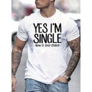 [Summer Tee] Polyester Men’s White T-Shirt | “Yes, I’m Single – Now is Your Chance” Tattooed Arms Design