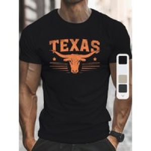 TEXAS with Longhorn Graphic Print, Men’s Round Crew Neck Short Sleeve Tee, Casual T-Shirt Casual Comfy Lightweight Top
