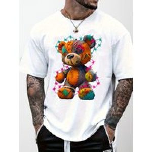 Men’s Casual Fashion T-Shirt, Cartoon Teddy Bear Print, Knitted Polyester, Regular Fit, Round Neck