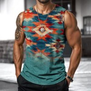 Street Fashion Indian Nationality Mens Vest Round Neck Sleeveless Printed T Shirt Daily Outdoor Sports Fitness Running Top