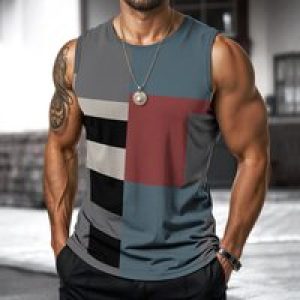 Retro Fitness Men Vest Street Fashion Round Neck Sleeveless T Shirt Printed Daily Outdoor Sports Running Top Animal Plaid