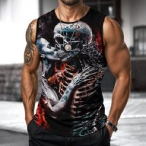 Skull Print Mens Vest Street Fashion Round Neck Sleeveless T Shirt Daily Outdoor Sports Fitness Running Top Fear 2025 New Arriva