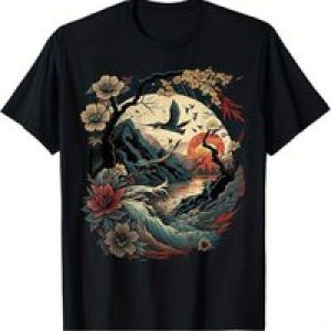 Men’S Vintage Japanese Art T-Shirt – Cotton, Round Neck, Loose Fit, Washable, Casual & Comfortable for All Seasons