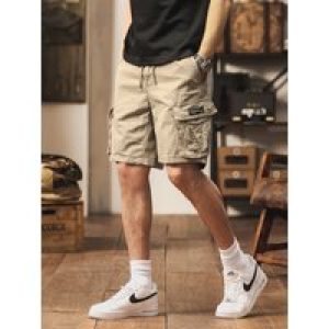 Summer Men’s Cargo Shorts Multi-Pockets Elastic Waist Washed Cotton Casual Shorts Drawstring Buttons Straight Short Work Pants