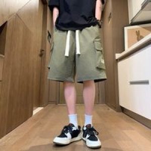 Short Pants for Men Green Baggy Solid Elastic Waist Mens Half Cargo Shorts Streetwear Elegant Clothing Comfortable 2025 Fashion