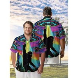 Men’s Plus Size Hawaiian Shirts Aliens Pattern, Button Up Shirts, Unisex Casual Clothing, Summer Tops