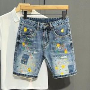 Men’s Short Jeans Pants Graffiti Slim Blue Ripped Male Denim Shorts Rude Retro Summer Thin Stretch Korean Fashion Streetwear Xl