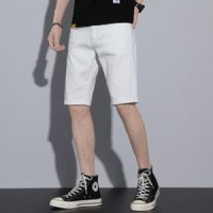 Summer New Casual Men’s White Black Denim Shorts Solid Color Straight Slim Hole Stretch Soft Beach Knee Length Short Jeans Male