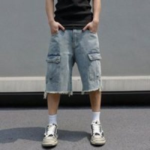 Korean Fashion Men’s Wide Leg Denim Shorts Summer New Fashion Loose Casual Elastic Waist Large Pocket Cargo Men’s Jeans Shorts