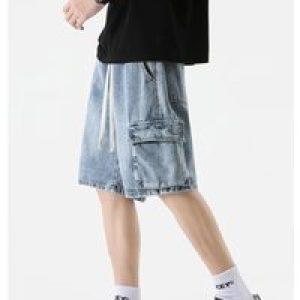 American High Street Multi-pocket Work Denim Shorts Men’s Ins Elastic Waist Loose Straight Five-point Pants Baggy Short Jean