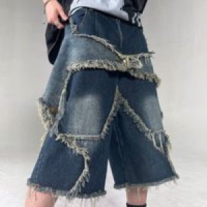 2025 New Men’s Denim Shorts Harajuku Retro Tassel Patchwork Men’s Shorts High Street Loose Hip-hop Trend Streetwear Men’s Wear