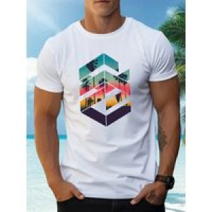 Geometric Print Stylish T-shirt For Men, Casual Summer Top, Comfortable And Fashion Crew Neck Short Sleeve