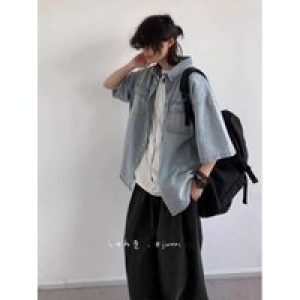 Summer Washed Vintage Pocket Short Sleeved Denim Shirt For Men And Women Workwear Shirt Outerwear Khaki Tank Top Vest Man