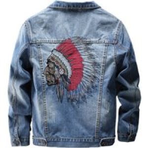 2025 Autumn Embroidery Chief Denim Jackets For Men Retro Washed Blue Streetwear Ripped Slim Coat Casual Motorcycle Outwear