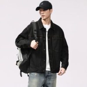 American Vintage Japanese-Style Raw Washed Black Denim Jacket – Relaxed Fit Casual Workwear Coat 100% Cotton Plus Size 4XL