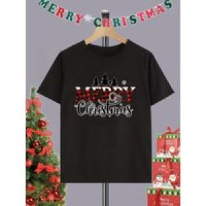 ” Merry Christmas ” Men’s Casual T-shirt, Cartoon Christmas Graphic Crew Neck Tee