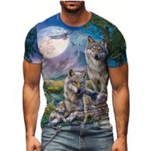 3D Wolf Pack Print T-Shirt – Short Sleeve, Crew Neck, Nature-Inspired Design with Moonlit Forest & Mountain Scene