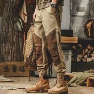 Men’s Elastic Waist Button Zipper Spring and Autumn Patchwork Solid Color Pockets Ruched Loose All-match Casual Workwear Pants