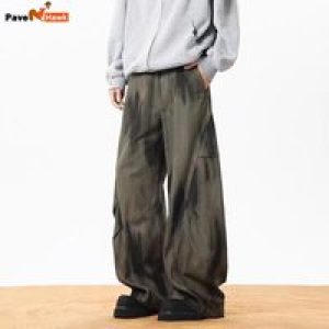 Trendy Pleated Wide Leg Cargo Pants Mens American Hip-hop Silhouette Design Washed Cowboy Overalls Unisex High Street Jeans