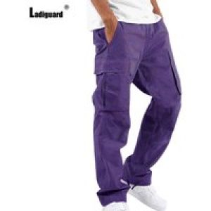 Plus Size 5xl Mens Multi-Pockets Trouser 2023 New Spring Fashion Cargo Pants Solid Purple Khaki Outdoor Casual Sweatpants Hommes