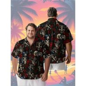 Men’s Plus Size Hawaiian Shirts Black Rose and Skull pattern,Unisex Baggy Aloha Shirts,summer Alternative Clothing