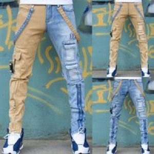 Techwear Style Men Patch Stitch Cargo Jeans Hip Hop Punk Goth Ripped Denim Trousers Vintage Skinny Jean Man Pants Pantalon Homme