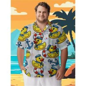 Men’s Plus Size Hawaiian Shirts Nautical Theme Rubber Duck pattern, Summer Casual Tops, Suitable for Outdoor Party, Streetwear