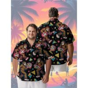 Men’s Plus Size Hawaiian Shirts Classic Rock and Mysterious Sasquatch Fantasy Party pattern,Unisex Aloha Shirts,summer Clothing