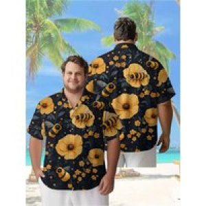 Men’s Plus Size Hawaiian Shirts Bee and Flower pattern, Unisex Aloha Shirts,New in Summer Tops Tee,streetwear