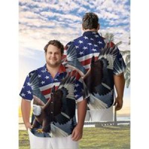 Men’s Plus Size Hawaiian Shirts Independence Day Pattern, Button Up Shirts, Unisex Casual Clothing, Summer Tops