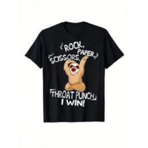Men’s Cotton Sloth Graphic T-Shirt – “Rock Paper Scissors Throat Punch I Win!” Fun Print Tee,