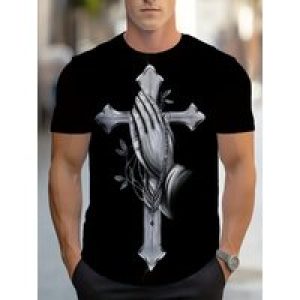 Men’S Sports Crew Neck T-Shirt with Cross and Prayer Hand Pattern – 95% Cotton, 5% Spandex,
