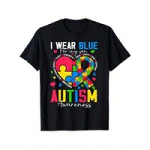 I Wear Blue for My Son Autism Awareness T-Shirt – Vibrant Puzzle Piece & Heart Design,Relaxed Fit Crew Neck Tee