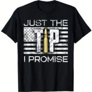 Men’s Gun Lover Graphic T-Shirt – ‘Just the Tip I Promise’ Design with American Flag & Bullet Motif