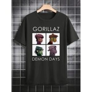 Men’s Casual Graphic T-Shirt – Gorillaz Demon Days Album Art Print, Black Round Neck Summer Tee, Machine Washable Regular Fit