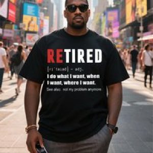 Plus Size Black Short Sleeve T-Shirt With“Retired” Word and Its Explanation Suitable for Outdoor Leisure Wear in Summer
