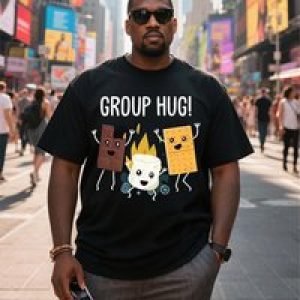 Plus Size Black Short Sleeve T-Shirt With“Group Hug” Cartoon Pattern Suitable for Outdoor Leisure Wear in Summer