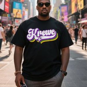 Plus Size Black Short Sleeve T-Shirt with Colorful“Krewe” Word for Street Fashion Suitable for Outdoor Leisure Wear in Summer
