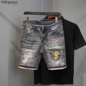 Summer Black Gray Ripped Denim Shorts Men’s Fashion Casual Five-point Pants Korean Printed Pattern Medium Pants Male Jeans