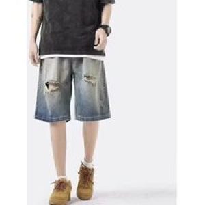 Summer American Style Hole Denim Shorts For Men High Street Straight Ripped Cargo Baggy Shorts Y2k Streetwear Pant