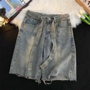 Summer Thin Fringed Denim Shorts Japanese High Street Casual Loose Knee Length Pants Fashion Versatile Blue Handsome Trousers