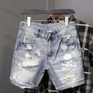 Summer Men’s Worn Bead Hole Beggar Stretch Ripped Short Jeans Men Streetwear Korean Fashion Slim Fit Denim Shorts