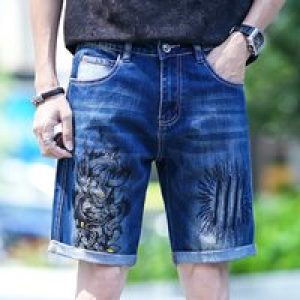 Streetwear Summer Denim Shorts Men Trendy Chinese Dragon Pattern Straight Short Jeans Grind White Water Washing Elastic Shorts