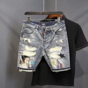 Summer Men’s Fashion Scraped Patch Beggar Denim Shorts Hip Hop Washable Jeans Shorts Casual Middle Pants