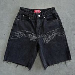 Finger touch Embroidered Cowboy Shorts Y2K Vintage Harajuku Adams graphic Loose Water Washed Cowboy Shorts Hip Hop Unisex Shorts