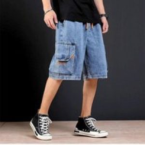 Fashion Man Denim Shorts Summer Loose Casual Short Pants Men Elastic Waist Multi-Pocket Man Cargo Shorts Male
